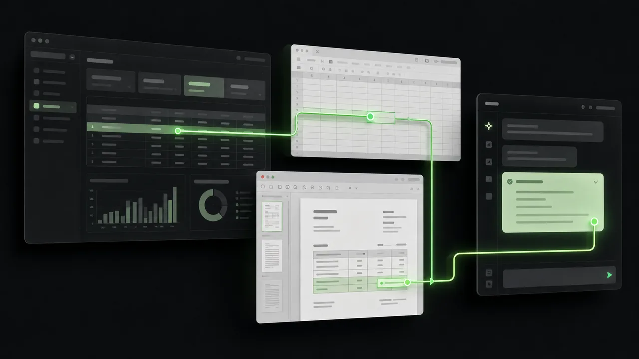 A dashboard, a spreadsheet, a document and an AI chat panel, linked by a single green path that traces one workflow across all four.